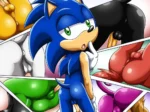 Sonic el erizo desnudo y erecto rodeado de collages de vulvas y genitales femeninos Moebian de diversos colores.