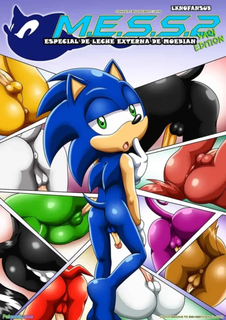 Sonic el erizo desnudo y erecto rodeado de collages de vulvas y genitales femeninos Moebian de diversos colores.