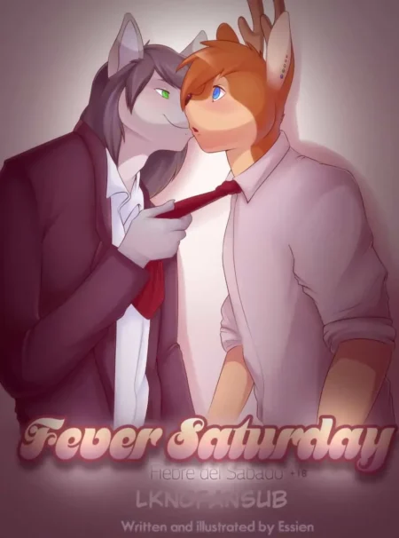 Lobo antropomorfo en traje tira de la corbata de un ciervo castaño en una escena erótica de Yaoi Furry de Fever Saturday.