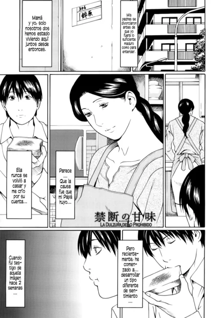 Página de manga de La Dulzura de lo Prohibido con una madre joven y su hijo en escenas domésticas previas al incesto.