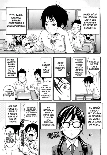 Página de manga con estudiantes en un aula discutiendo sobre tutorías escolares y exámenes de mitad de semestre.
