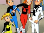Mujer con traje rojo tocando los genitales de hombre con traje blanco junto a otros dos personajes de Power Pack.