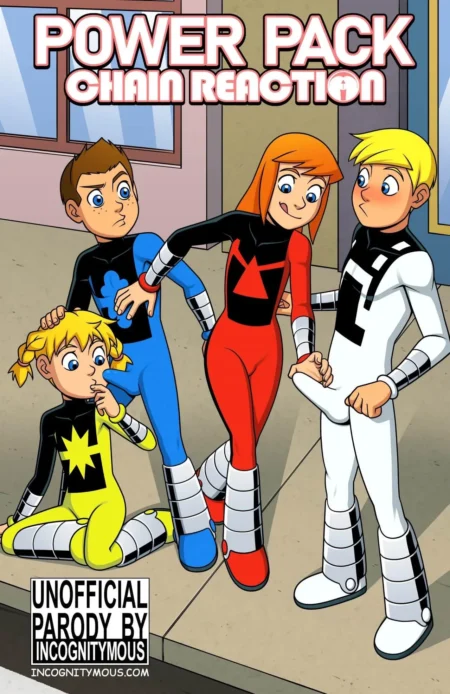 Parodia de Power Pack donde personajes en trajes ajustados se tocan los genitales y exhiben erecciones marcadas.