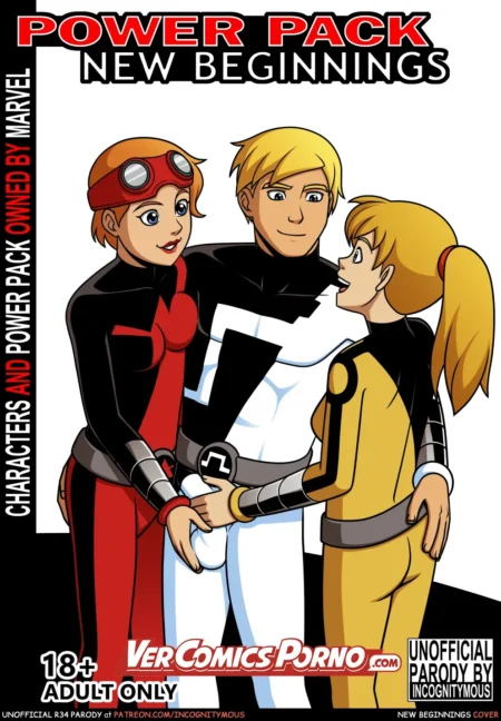 Tres adultos con trajes ajustados de Power Pack en una parodia erótica NSFW de Incognitymous New Beginnings.