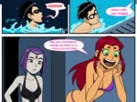 Robin, Raven y Starfire en bikini y traje de baño en una piscina, Starfire excitada invitando a Robin a relajarse.