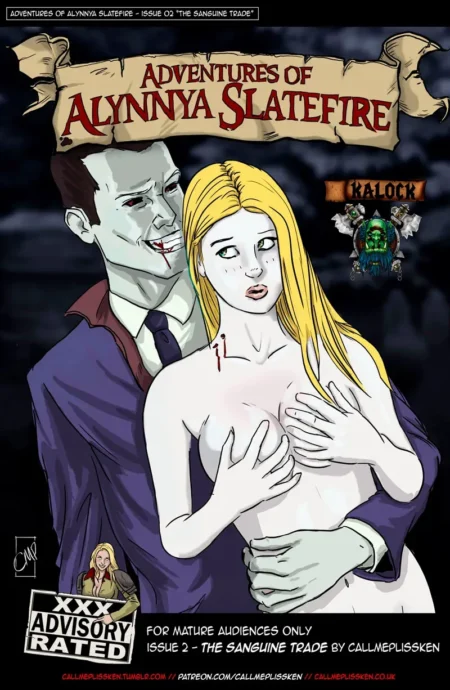 Vampiro abraza por detrás a mujer rubia desnuda con marcas de mordida en el cuello y manos sobre sus pechos.