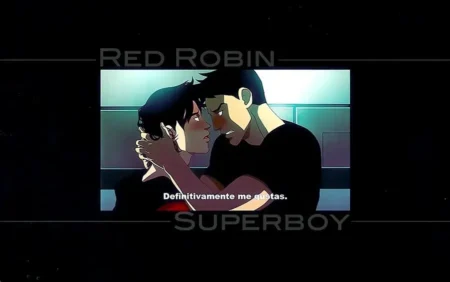 Red Robin y Superboy se besan apasionadamente mientras se acarician con deseo sexual intenso.