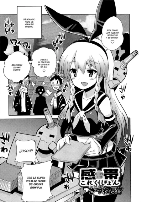 Otokonoko con orejas de conejo, uniforme escolar y trenzas sosteniendo un libro en una convención de manga.