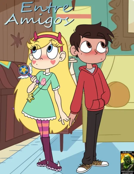 Star Butterfly y Marco Diaz tomados de la mano con rostros sonrojados en Entre Amigos.
