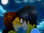 Abrazo romántico y tierno entre Keiko, una furry leonessa, y Jin bajo un cielo estrellado con dos lunas brillantes.