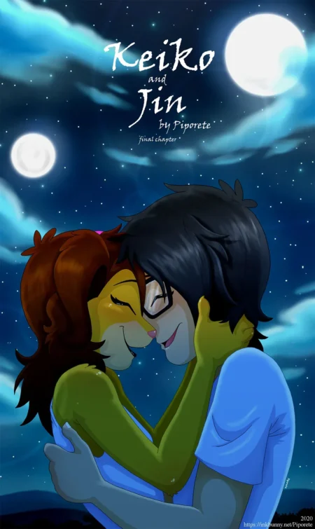 Abrazo romántico y tierno entre Keiko, una furry leonessa, y Jin bajo un cielo estrellado con dos lunas brillantes.