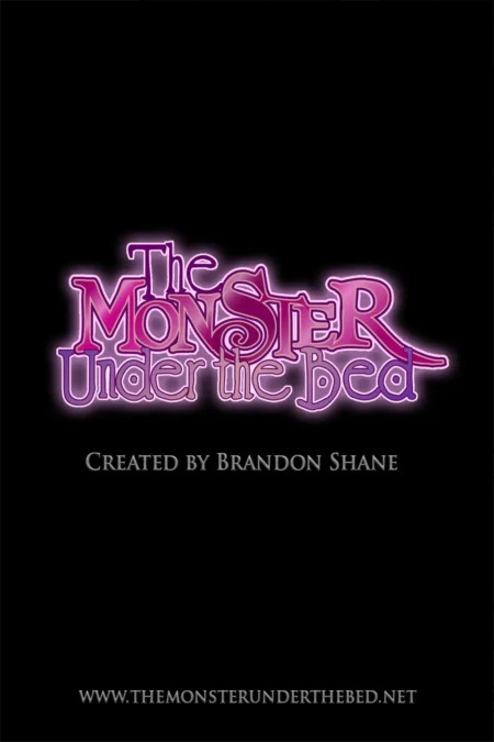 Logo rosa brillante de The Monster Under The Bed de Brandon Shane sobre fondo negro con enlace web inferior.