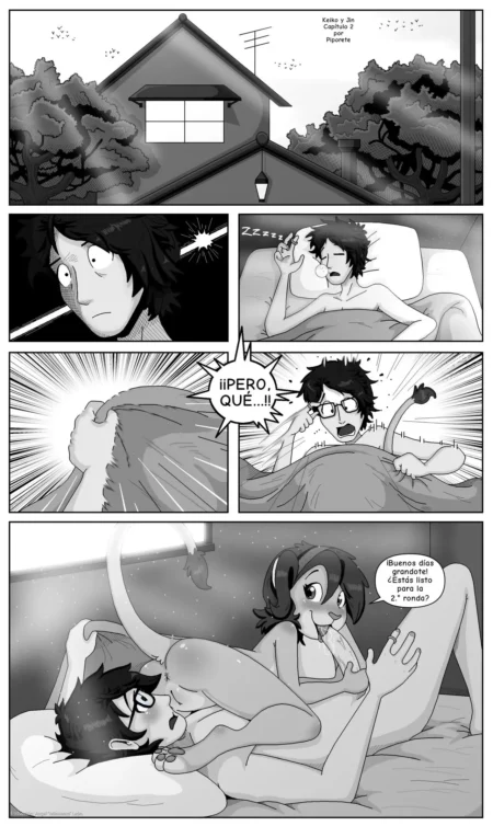 Mujer desnuda monta a un hombre en la cama mientras le lamería el pecho y lo mira con deseo sexual.