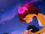 Mujer antropomorfa felina desnuda acaricia el rostro de un hombre tumbado sobre el césped bajo un cielo estrellado.