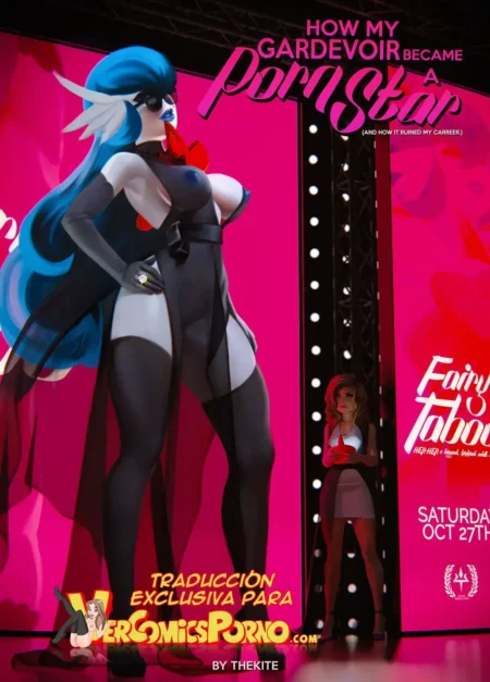 Gardevoir con body negro transparente, medias y antifaz posando erótica junto a una mujer en un escenario de pornografía.