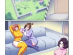 Mei, Velma y Wicke relajadas en el sofá con pechos grandes y muslos carnosos exhibiendo sus curvas eróticas.