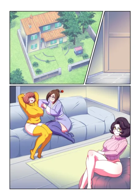 Mei, Velma y Wicke relajadas en el sofá con pechos grandes y muslos carnosos exhibiendo sus curvas eróticas.