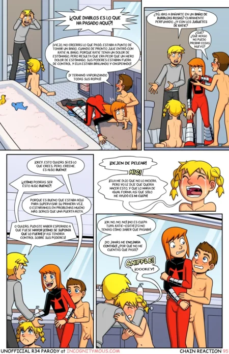 Cómic erótico de Power Pack donde personajes desnudos se abrazan y tocan íntimamente en un baño tras perder la ropa.