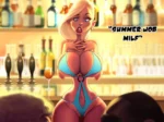 Rubia voluptuosa en bikini azul diminuto excitando a dos hombres en un bar, destacando sus pechos y caderas enormes.