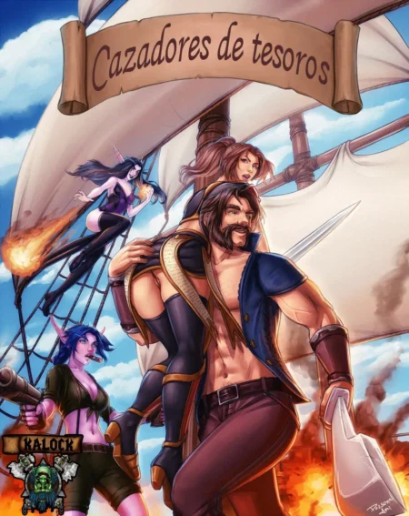 Hombre musculoso con pecho desnudo cargando mujer sexy y elfo sensual en barco pirata con fuego y ropa provocativa.
