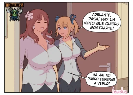 Dos chicas Lewdua con pechos gigantes y blusas ajustadas invitando a pasar para ver un video erótico.