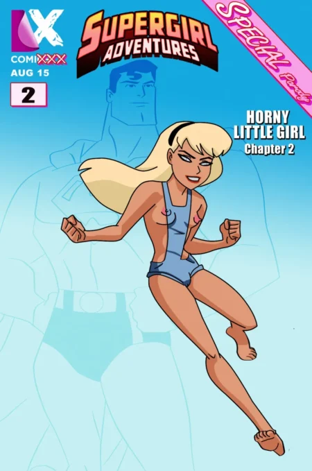 Supergirl con traje azul ajustado y pezones marcados posando eróticamente frente a Superman en el cómic Horny Little Girl.
