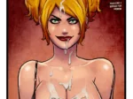 Harley Quinn con coletas rubias, sujetador rojo y semen chorreando por su cara, cuello y pechos descubiertos.