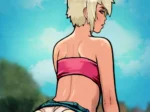 Mujer rubia de espalda con top rosa y pantalones bajos revelando su tanga blanca y glúteos pronunciados.
