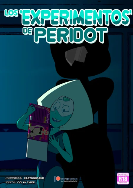Peridot lee un doujinshi erótico frente a la silueta oscura de una gema mientras se toca el pecho excitada.