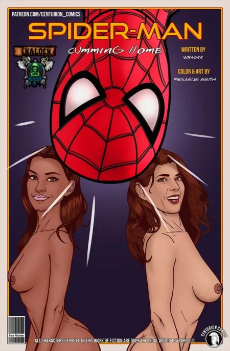 Portada de cómic erótico con la máscara de Spider-Man sobre dos mujeres desnudas y sonrientes con pechos grandes.