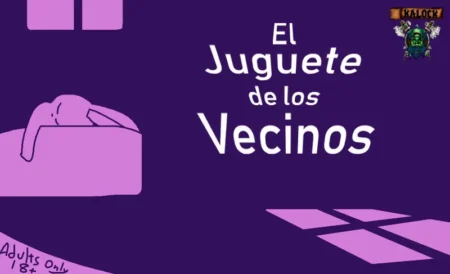 Ilustración erótica de una mujer desnuda sobre una cama en tonos púrpuras con el título El Juguete de los Vecinos.