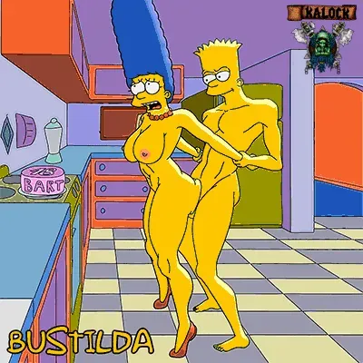 Bart y Marge Simpson desnudos en la cocina, él tocando sus glúteos junto a un pastel de 18 años llamado Bustilda.