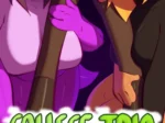 Antropomorfas púrpuras y rubia excitadas abrazando un pene gigante en el cómic College Trio de Svarz.