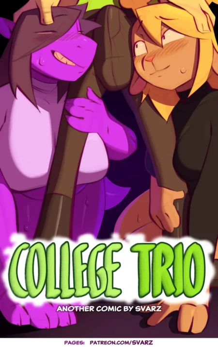 Antropomorfas púrpuras y rubia excitadas abrazando un pene gigante en el cómic College Trio de Svarz.