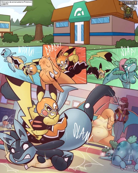 Cinderace golpea y humilla sexualmente a Vaporeon y Slaking en un entrenamiento erótico y violento.