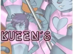 Collage erótico de Kueen, felino furry con top rosa de corazón, posando sexy en escenas de Yaoi explícito de Hardyboy.