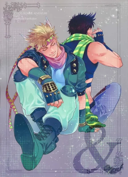 Josuke y Okuyasu sentados juntos, Josuke con mirada lasciva y ropa ajustada resaltando sus músculos y cuerpo atlético.