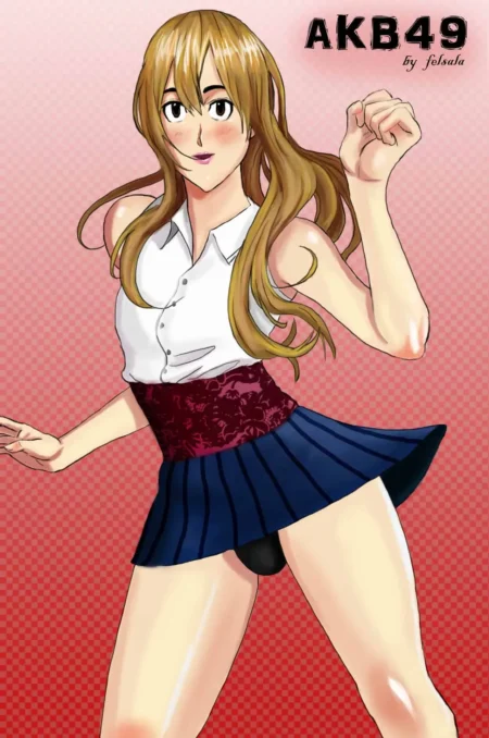 Mujer rubia de Akb49 Secret con camisa blanca, falda azul corta y cintura roja revelando sus genitales y vagina.