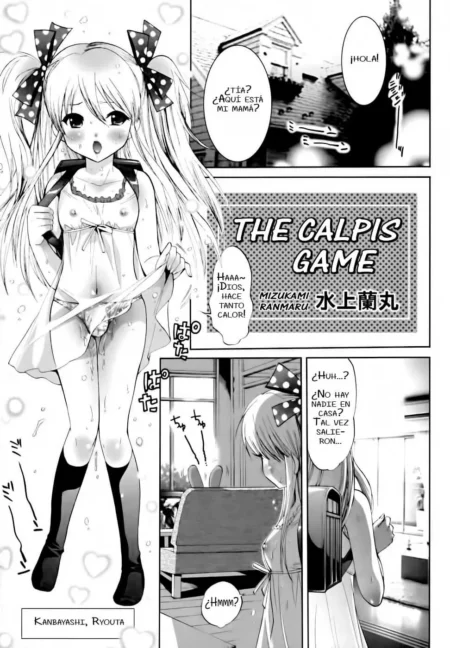 Manga de Calpis Game con joven rubia semidesnuda usando medias negras y abriendo su ropa interior para exponer su vagina.