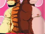 Dos furries antropomorfos, un tigre y un oso musculosos y obesos, posando espalda con espalda con pezones expuestos.
