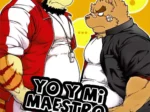 Dos tigres antropomórficos musculosos y gordos con ropa urbana se miran fijamente en una portada de manga erótico gay.