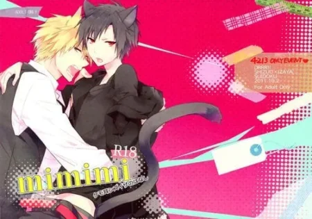 Ilustración erótica de Shizuo e Izaya como gato abrazados íntimamente con ropa negra y blanca sobre fondo rosa brillante.