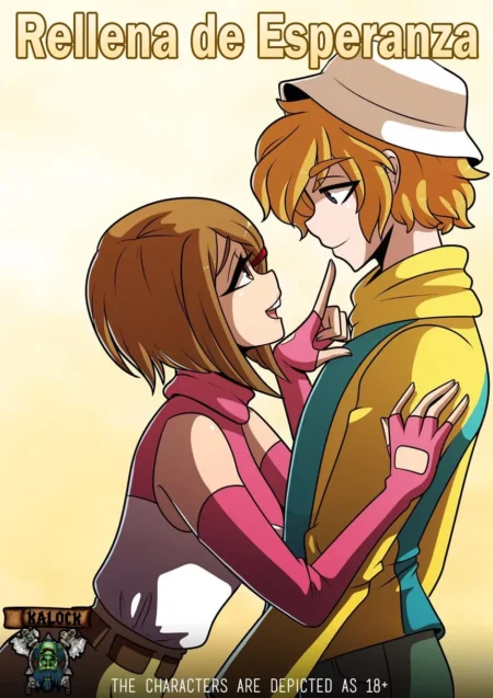 Pareja de anime en abrazo íntimo, ella con guantes rosas tocando el rostro de él mientras se miran con deseo sexual.
