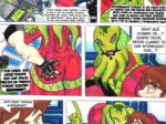 Hombre acaricia y aprieta el trasero carnoso de una alienígena verde y roja en un cómic erótico de Ben 10.