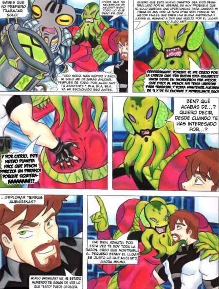 Hombre acaricia y aprieta el trasero carnoso de una alienígena verde y roja en un cómic erótico de Ben 10.