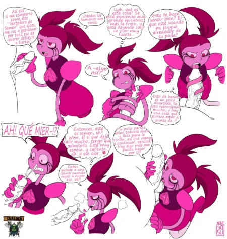 Cómic NSFW de Spinel masturbando y tragando semen mientras explora la erección de un humano con su lengua y boca.