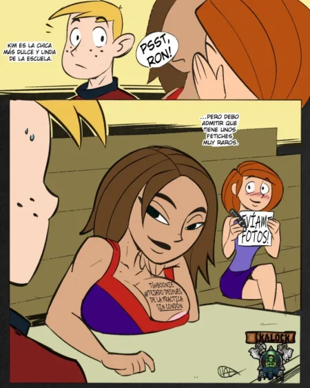 Kim Possible con el pecho tatuado y Ron mirando mientras ella pide fotos sexuales en un cómic erótico de Hagfish.