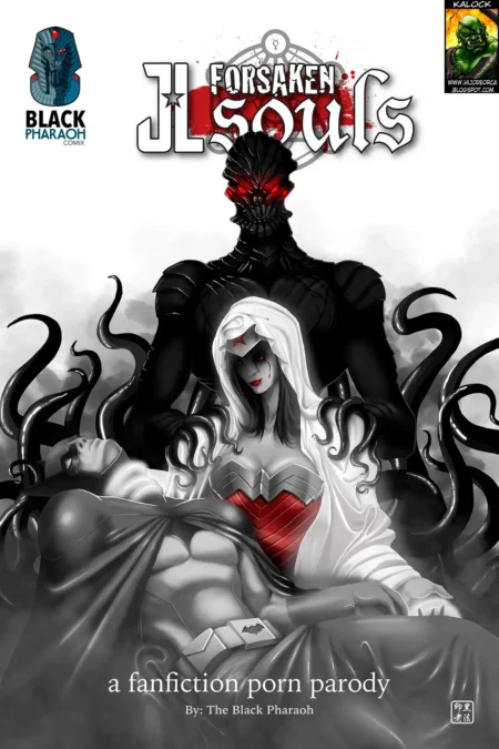 Portada de JL Forsaken Souls con monstruo negro, mujer pálida y cuerpo desnudo en escena erótica de fanfiction porno.