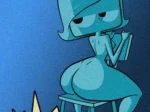 Portada de cómic Robotboy con personaje femenino azul desnuda sentada en silla resaltando sus glúteos y pechos.