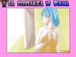 Bulma de pelo azul semidesnuda cubriendo sus pechos con una toalla amarilla mientras mira melancólica hacia la ventana.